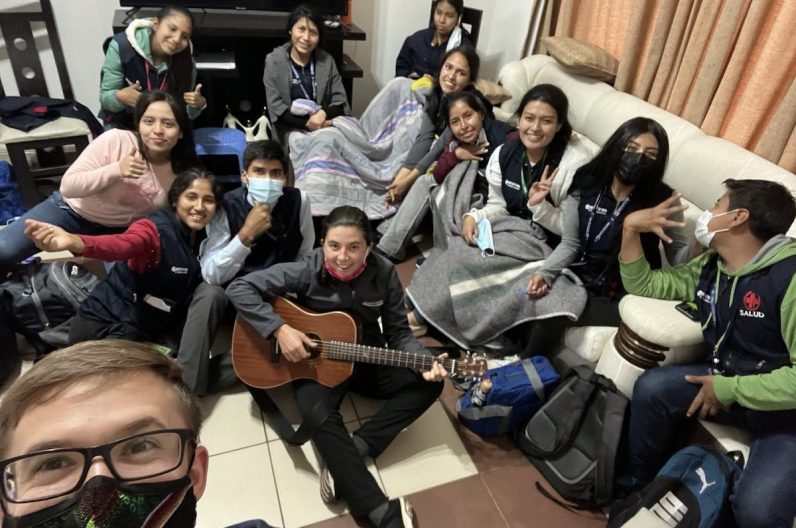 Seth Roberts (left bottom corner) and Emily Duffield (guitar) lead the Bolivian students in worship. 