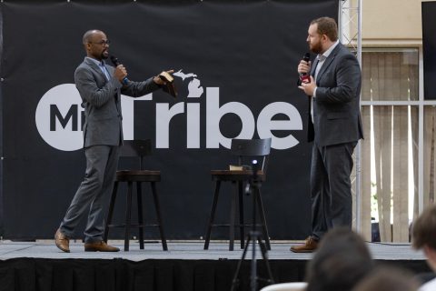 Jermaine Gayle (left) and Garhett Morgan (right) speak in tandem for a MiTribe event.